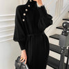 Elegant Sweater Dress Female Casual Loose Turtleneck Solid Pullover Sash Tie Up Robe Femme Autumn Winter Party Dress