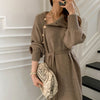 Elegant Sweater Dress Female Casual Loose Turtleneck Solid Pullover Sash Tie Up Robe Femme Autumn Winter Party Dress