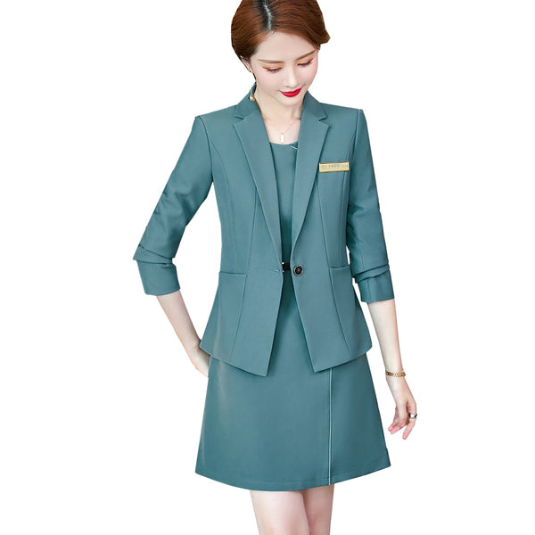 Elegant Thick Office Ladies Blazer Jacket and Skirt Suit Green Navy Women Formal Business Work Wear Two Piece Set for Winter