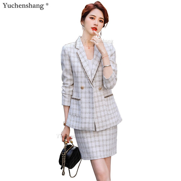 Elegant Thick Skirt Suits Women Girl Casual Black White Plaid Two Piece Set Female Long Sleeve Blazer With Real Pocket