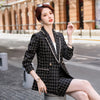 Elegant Thick Skirt Suits Women Girl Casual Black White Plaid Two Piece Set Female Long Sleeve Blazer With Real Pocket