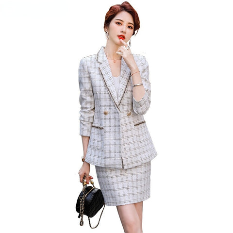 Elegant Thick Skirt Suits Women Girl Casual Black White Plaid Two Piece Set Female Long Sleeve Blazer With Real Pocket skirts