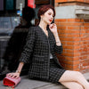 Elegant Thick V-Neck Blazer and Skirt Suit Women Girl Set with Real Pocket Casual Black White Plaid Two Piece Clothes
