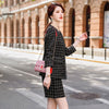 Elegant Thick V-Neck Blazer and Skirt Suit Women Girl Set with Real Pocket Casual Black White Plaid Two Piece Clothes
