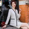 Elegant Thick V-Neck Blazer and Skirt Suit Women Girl Set with Real Pocket Casual Black White Plaid Two Piece Clothes skirts