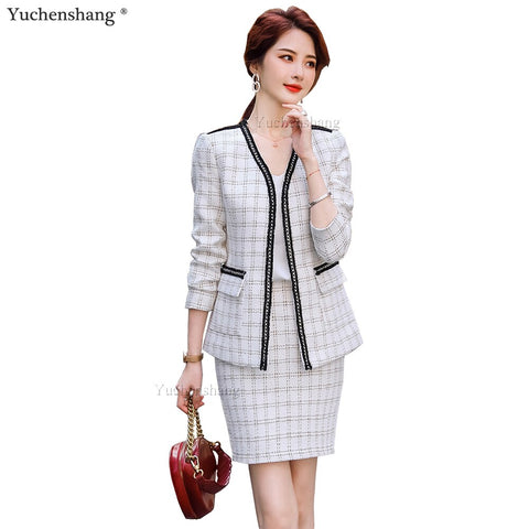 Elegant Thick V-Neck Blazer and Skirt Suit Women Girl Set with Real Pocket Casual Black White Plaid Two Piece Clothes