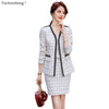 Elegant Thick V-Neck Blazer and Skirt Suit Women Girl Set with Real Pocket Casual Black White Plaid Two Piece Clothes