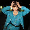 Elegant Turquois Chain Diamond Button Tweed Blazer/Tank Tops/Mini Skirt Sets Office Knit Woven Cropped Boxy Jacket Suit Cardigan