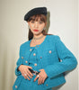 Elegant Turquois Chain Diamond Button Tweed Blazer/Tank Tops/Mini Skirt Sets Office Knit Woven Cropped Boxy Jacket Suit Cardigan