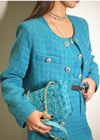 Elegant Turquois Chain Diamond Button Tweed Blazer/Tank Tops/Mini Skirt Sets Office Knit Woven Cropped Boxy Jacket Suit Cardigan