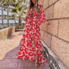 Elegant V-neck Long Sleeve Women's 2023 Spring Autumn Maxi Dress Bandage Flowers Leopard Printing Sexy Split Fork Dress Vestido