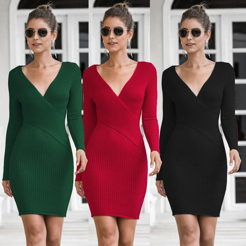 Elegant V neck Sweater Wrap Mini Dress Women Fall Winter 2022 Long Sleeve Knitted bodycon Red Black White Ladies Dresses C419