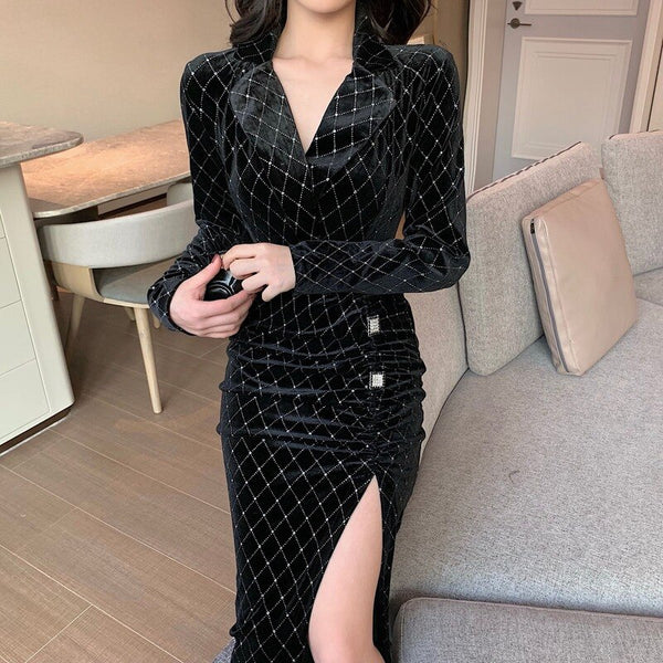 Elegant Velvet Long Sleeve Maxi Dress Winter Slim Women Sexy Split Dress Undefined Clothing Women 2022 Korea Black Bodycon Dress