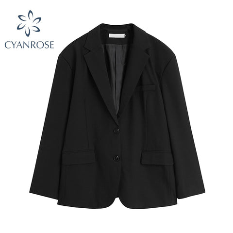 Elegant Vintage Casual Suit Coats Women Korean Loose Long Sleeve Blazer Office Ladies Single-Breasted Black Suit Coats