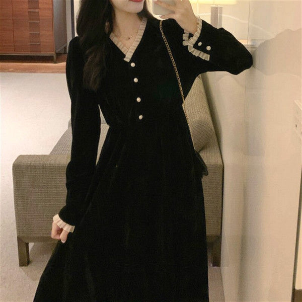 Elegant Vintage Dress Women Long Sleeve Solid Black Party Dress Female V-Neck Lace Midi Gothic Dress Autumn 2022 Office Lady