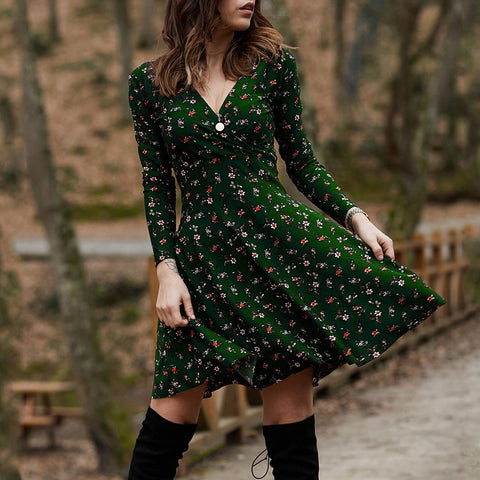 Elegant Vintage Floral Print Swing Midi Dress Women Retro High Waist Draped Long Sleeve Femal Dresses  Party Dating Dress