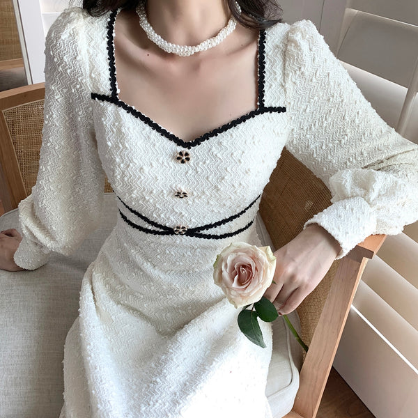Elegant Vintage White Dress Women 2022 Winter Fairy Midi Party Dress Evening Office Lady Design Outwear One Piece Dress Korean