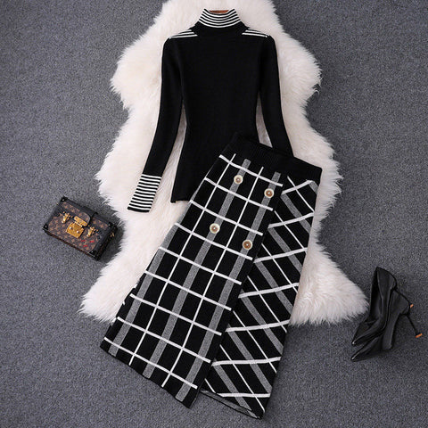 Elegant Women Autumn Winter Clothing Set Turtleneck Sweaters Tops And Cut Plaid Knitted Skirts Suit Office Ladies Sets NS294