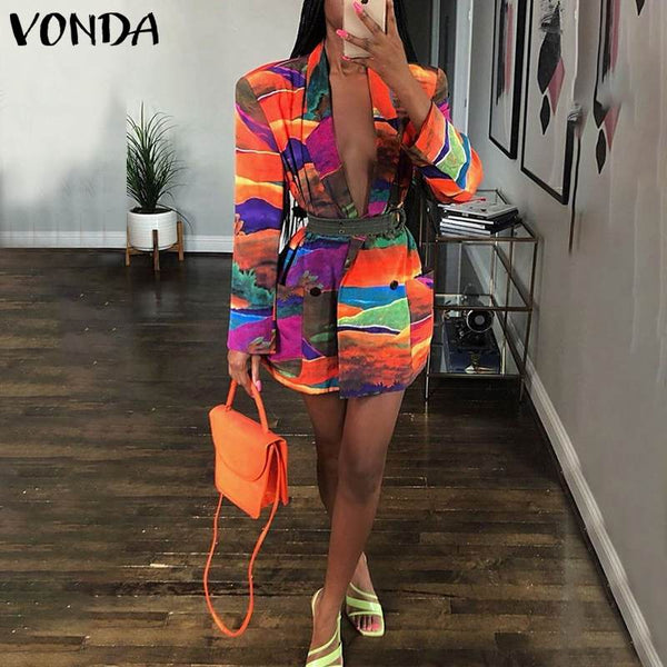 Elegant Women Blazer 2022 VONDA Vintage Lapel Collar Suit Blazer Sexy Long Sleeve Printed Casual Coats Female Veste Femme