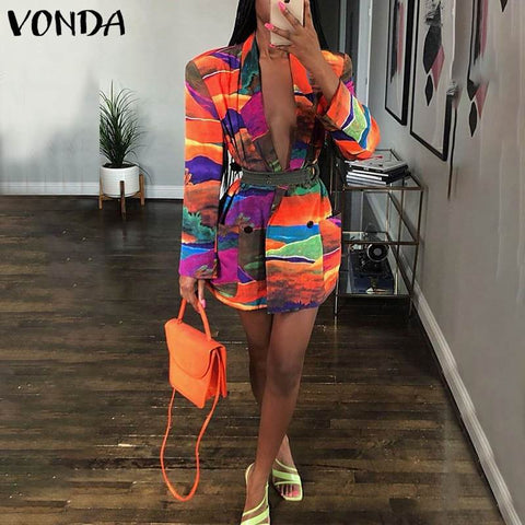 Elegant Women Blazer 2022 VONDA Vintage Lapel Collar Suit Blazer Sexy Long Sleeve Printed Casual Coats Female Veste Femme