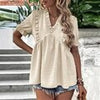 Elegant Women Blouse Shirts Summer V Neck Loose T-shirt Short Sleeve Vintage Polka Dot Tops Female Solid Patchwork Shirt