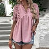 Elegant Women Blouse Shirts Summer V Neck Loose T-shirt Short Sleeve Vintage Polka Dot Tops Female Solid Patchwork Shirt