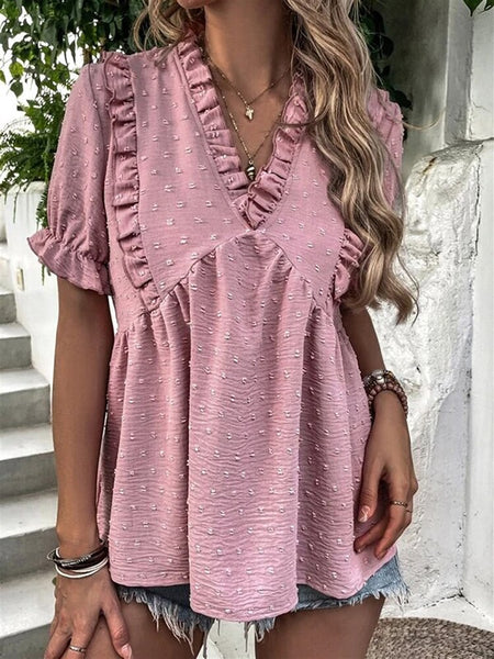 Elegant Women Blouse Shirts Summer V Neck Loose T-shirt Short Sleeve Vintage Polka Dot Tops Female Solid Patchwork Shirt