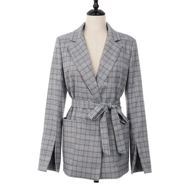 Elegant Women Gray Plaid Blazer 2022 New Spring Fashion Split Sleeve Casual Office Work Ladies Suits Jacket Blazer Feminino