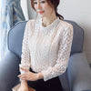 Elegant Women Lace Blouse High Quality Casual Sweet Long Sleeve Hollow Out White Lace Shirts Female Blue Pink Lace Tops