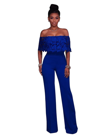 Elegant Women Off Shoulder Lace Ruffles Wide Leg Coveralls Macacao De Renda 3 Colors Off Shoulder Cape Backless Long Jumpsuit