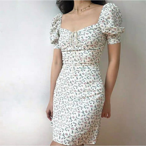 Elegant Women Sexy Dress Bodycon Dress Summer Midi Dress Boho Puff Sleeve Korean  White Floral Dresses For Women 2022