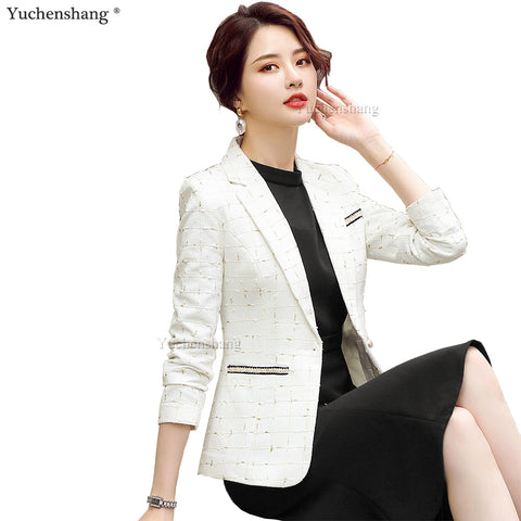 Elegant Women Single Button Blazers Vintage Slim Long Sleeve Casual Outerwear S-4XL Chic Black White Plaid Coat Tops