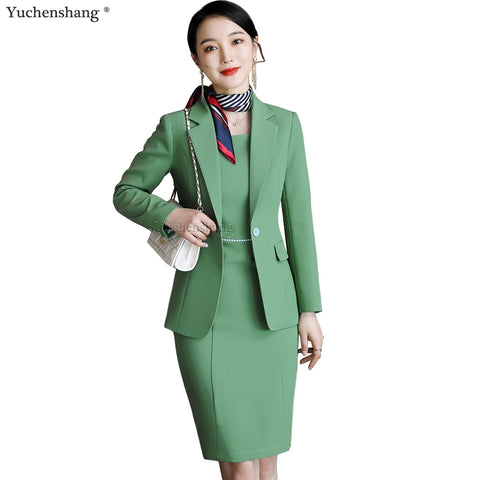 Elegant Women Skirt Suit for Business Work Interview Hotel Wear Apricot Green Blue Slim Single Button Blazer Two Piece Set