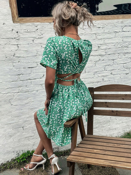 Elegant Women Summer Dress Floral Print Short Dresses 2023 Casual Slim Sexy Waistless V Neck High Waist Lace-up Mini Dress