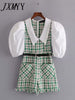Elegant Women Tweed Rompers 2023 Ladies Green Plaid Rompers Streetwear Female Sweet Pocket Playsuit Girls Chic Romper