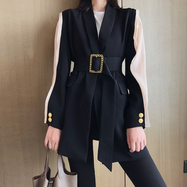Elegant Women's Blazer Patchwork Long Sleeve Tunic With Belt Waisted Autumn Long Blazers Female 2022 Clothing
