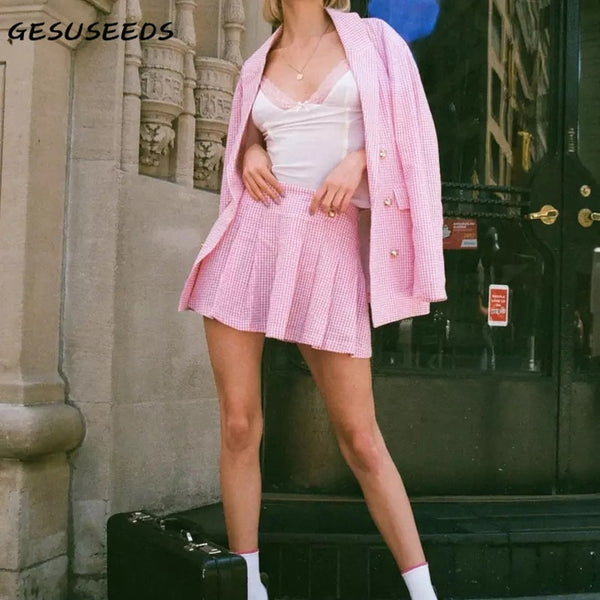 Elegant blazer women vintage plaid jacket notched double breasted coat fall korean blazer and skirt set pink mini skirt pleated