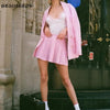 Elegant blazer women vintage plaid jacket notched double breasted coat fall korean blazer and skirt set pink mini skirt pleated