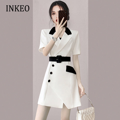 Elegant irregular Contrasting colors blazer dress with belt slim 2023 Short sleeve Mini dress asymmetrical Club INKEO 2D107
