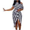 Elegant ladies office dress summer Womens Striped one Short sleeve Irregular Wrap Dress High Split sexy club folds Midi Dresses