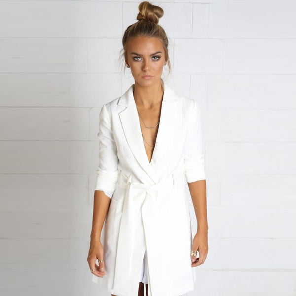 Elegant sashes long Suit Blazer women Spring v neck long sleeve Jacket coats Fashion bow office work white blazer feminino 2022