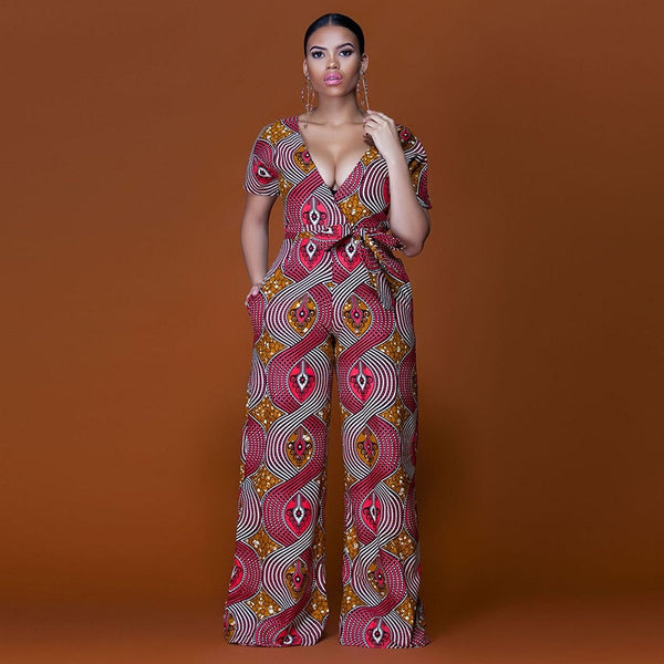 Elegant sexy deep v-neck plus size loose African Print dashiki long pant jumpsuit fashion wide leg flare trousers women rompers