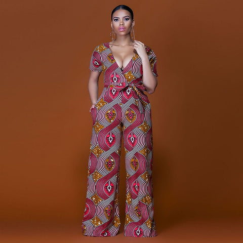 Elegant sexy deep v-neck plus size loose African Print dashiki long pant jumpsuit fashion wide leg flare trousers women rompers