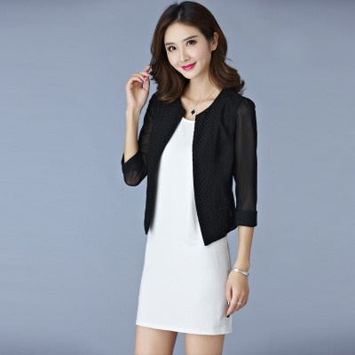 Elegant solid colar women cardigan short coat mesh pacthwork hollow transparent slim crop top ladies office wear blazer jacket