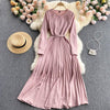 Elegant solid office lady dress women's o-neck sashes pleated maxi dress casual robes ladies 2022  Pink Dress