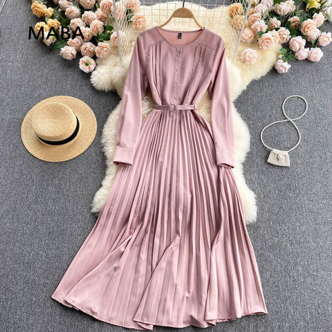 Elegant solid office lady dress women's o-neck sashes pleated maxi dress casual robes ladies 2022  Pink Dress
