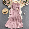 Elegant solid office lady dress women's o-neck sashes pleated maxi dress casual robes ladies 2022  Pink Dress