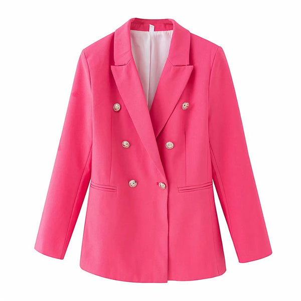 Elegant women chic button blazer 2023 office ladies pocket jackets casual female slim notched suits solid pink girls chic sets