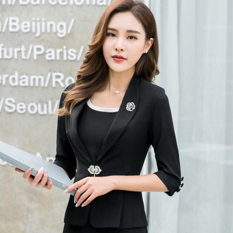 Elegant women half sleeve blazer fashion office Sequined Button plus size jacket plus size work wear formal uniform Red Black