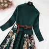 Elegnat Women's Knitted Patchwork Printing Pleated Dress Autumn Long Sleeve O Neck Belt Midi Dresses